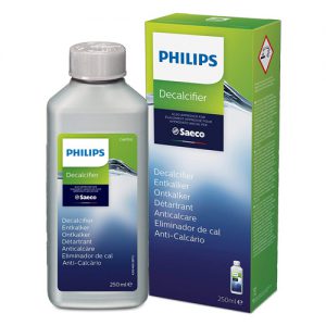 Philips Saeco vízkőoldó folyadék flakon és papírdoboz.
