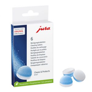 Jura tisztító, zsírtalanító tabletta három darab a doboza mellett.